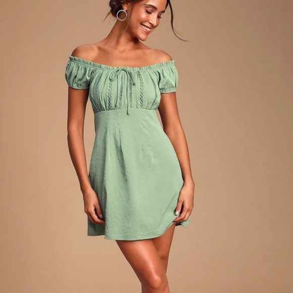 Lulus Dresses & Skirts - Lulu's Wisteria Sage Mint Green Off Shoulder Mini Dress Size Medium